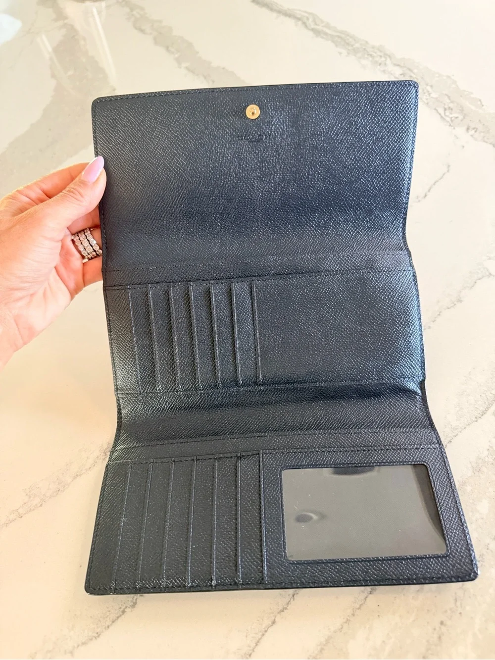 Coach Navy Leather Folded Continental Wallet with Gold Logo